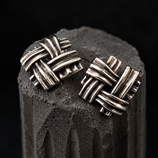 The Woven Mesh / Textured Interlocking Ribbed Silver Stud Earrings