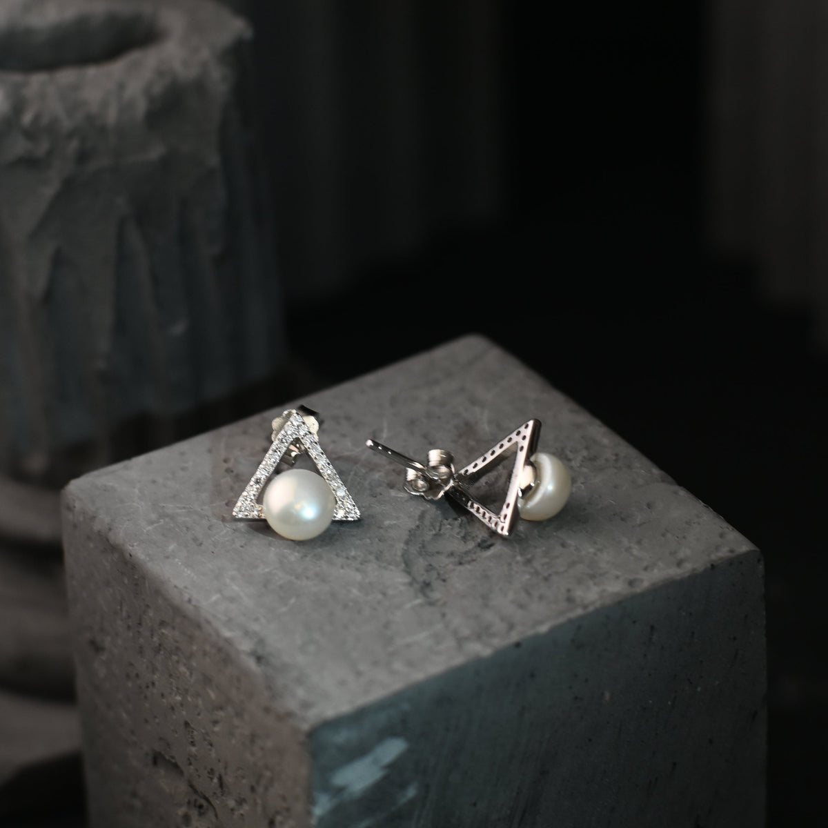 The Aurelia Geometric Triangle / Openwork Chevron Diamond & Pearl Stud Earrings