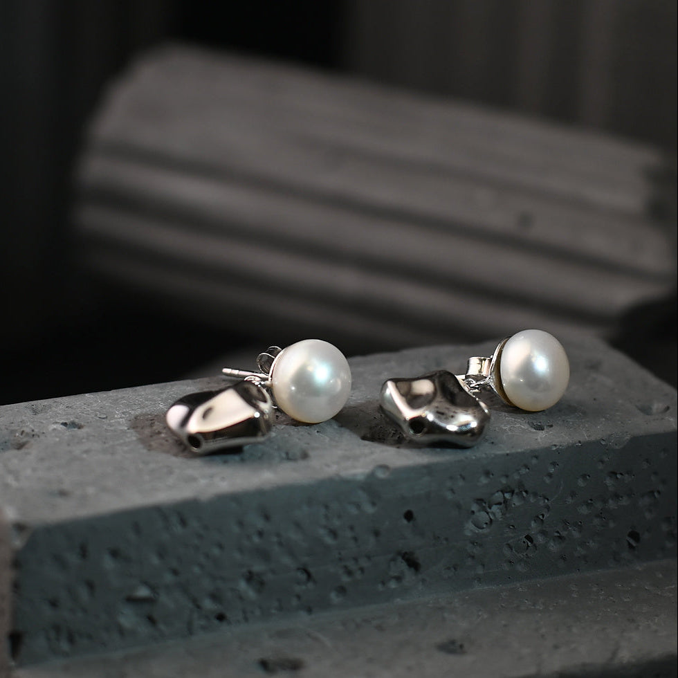 The Aurelia Molten Silver / Sculptured Organic Hammered & Pearl Drop Earrings