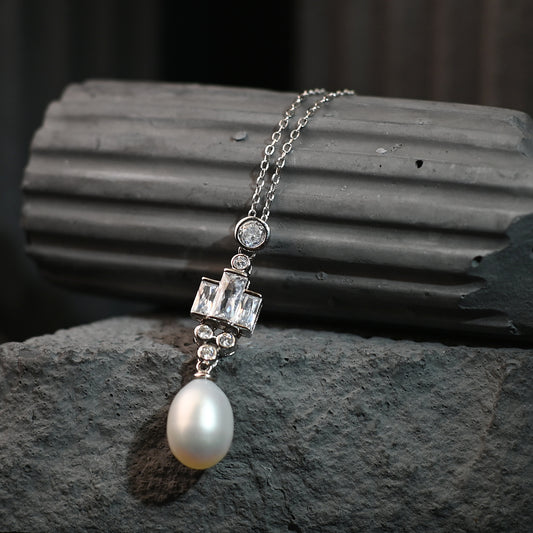 The Aurelia Art Deco Geometric Baguette / Architectural Oval Pearl Pendant Necklace