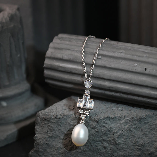 The Aurelia Art Deco Geometric Baguette / Architectural Oval Pearl Pendant Necklace