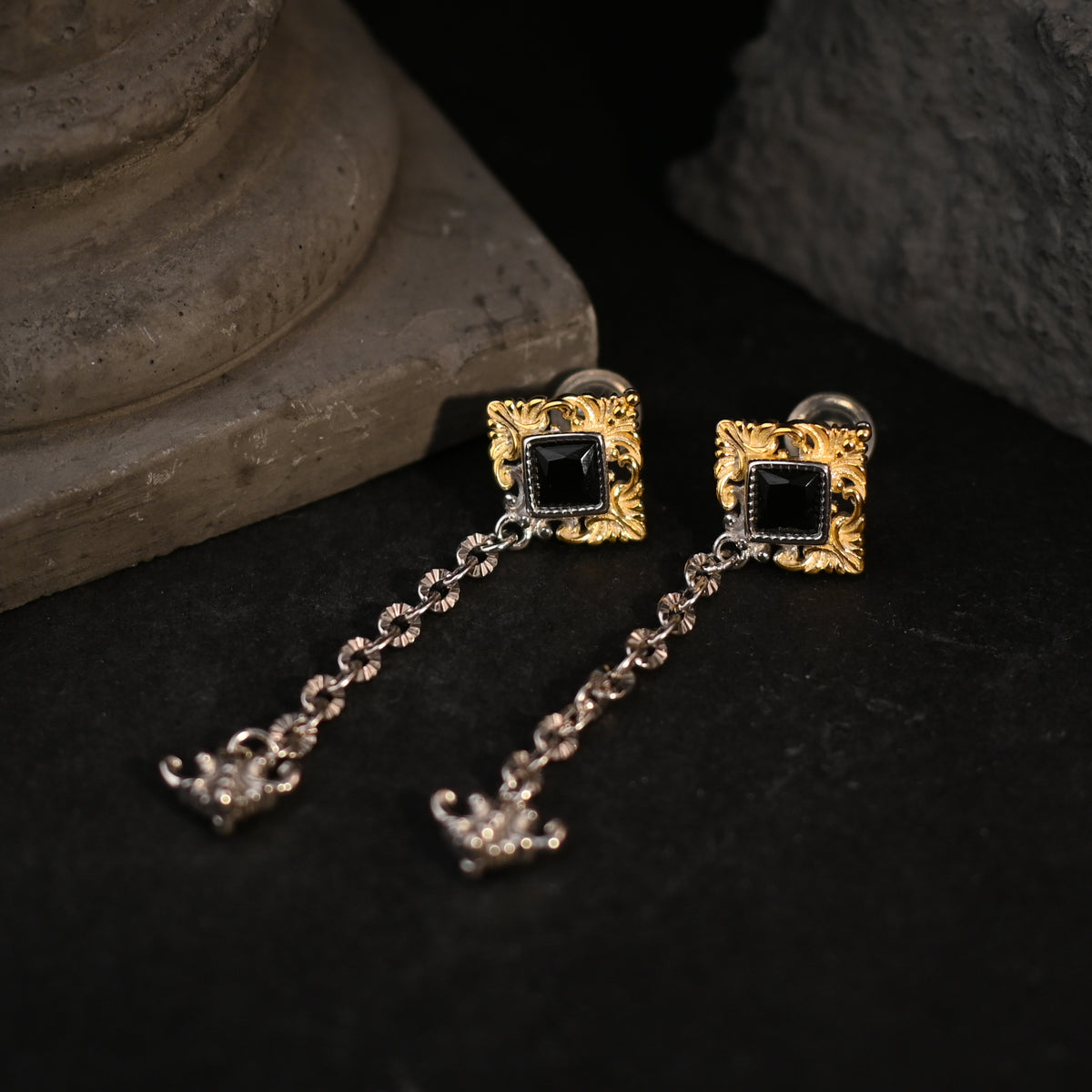 The Gothic Baroque Filigree / Two-Tone Black Gemstone Chain Drop Earrings