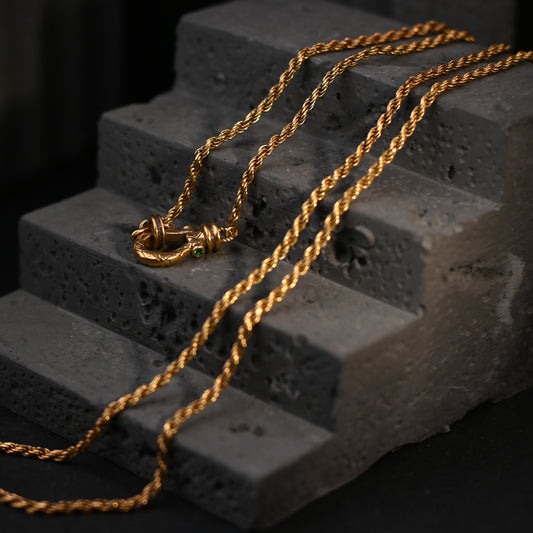 The Vintage Nautical Shackle / Emerald Accent Gold Rope Chain Necklace
