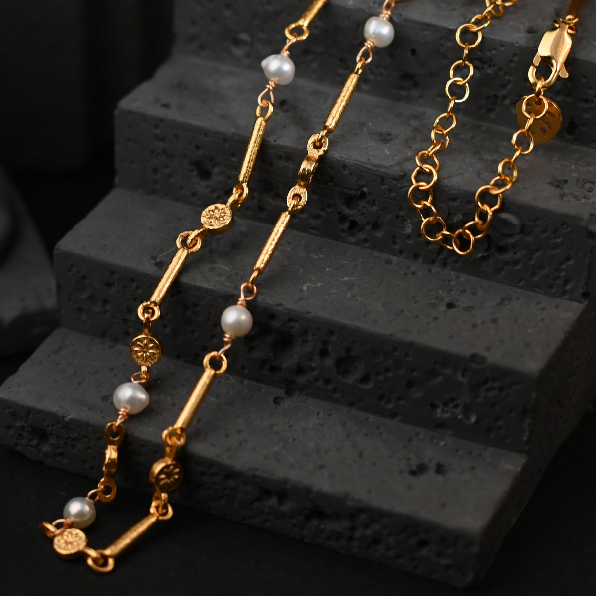 The Aurelia Imperial Column / Heavy 22K Gold Sculpted Cylinder & Medallion Station Necklace with Natural Freshwater Pearls (40cm + 10cm)