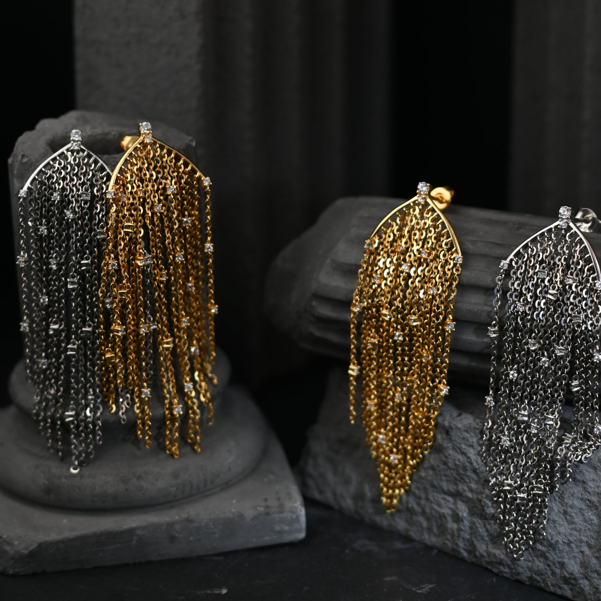 The Aurelia Diamond Fringe Mesh Earrings (Rhodium Silver)