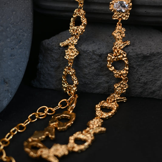 The Aurelia Molten Nugget / Heavy 22K Gold Substantial Textured Choker Necklace with 8x6mm Oval High-Carbon Diamond (36cm + 9cm)