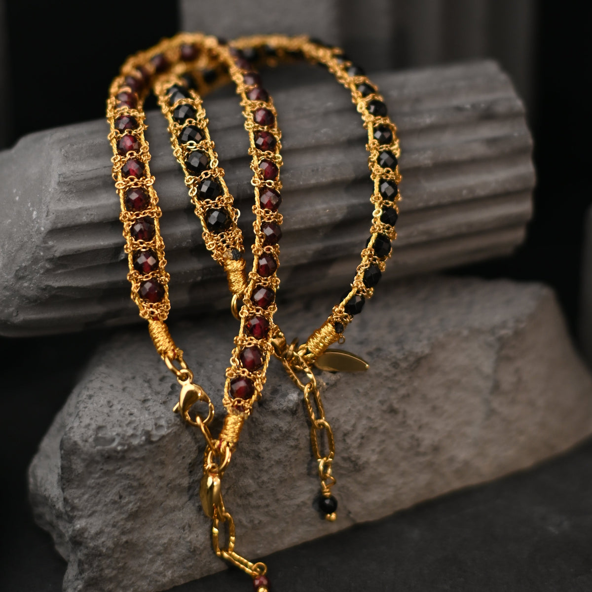 The Aurelia Black Velvet / Master Hand-Woven 7mm Wide Faceted Black Crystal Chain Bracelet with Heavy 22K Gold & Natural Stones (16.5cm + 3cm, 4mm Beads)