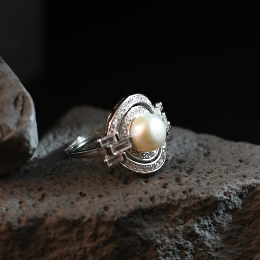 The Art Deco Pearl / Baguette & Pavé Geometric Halo Statement Ring