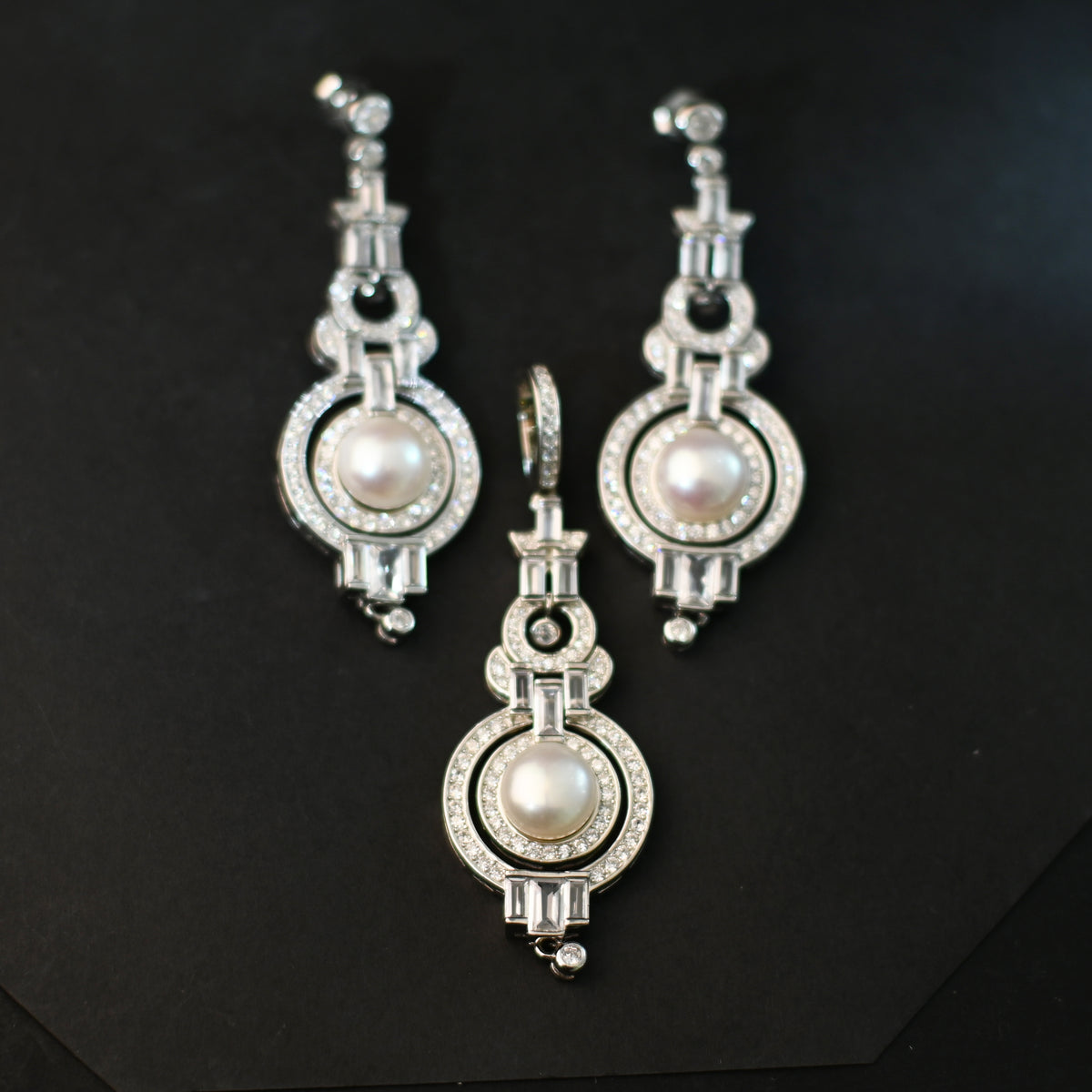 The Art Deco Pearl Drop / Baguette & Pavé Geometric Halo Pendant