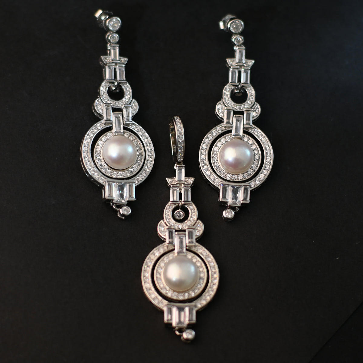 The Art Deco Pearl Drop / Baguette & Pavé Geometric Halo Earrings