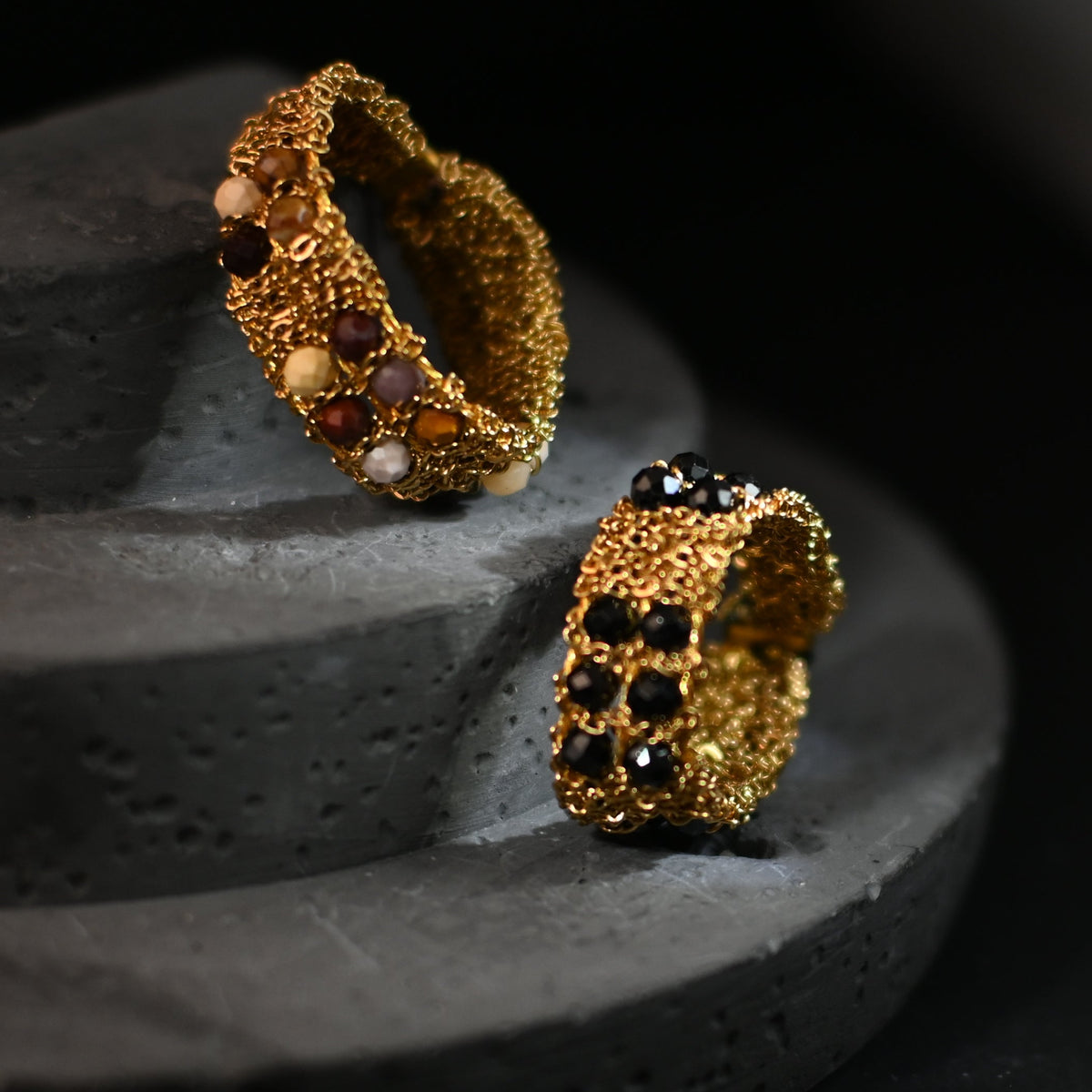 The Aurelia Noir Tapestry / Heavy 22K Gold Hand-Woven Wire Band Ring with Faceted Black Crystals (8mm Wide, Fits US Size 9–10)
