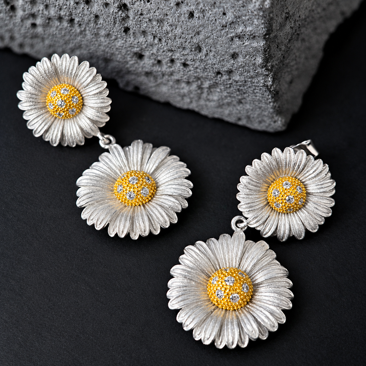 The Silver Daisy / Two-Tone Silk Blossom Drop Earrings