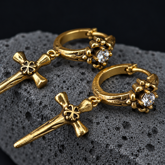 The Gothic Dagger Cross / Vintage Solitaire Huggie Drop Earrings