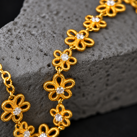 The Golden Blossom / Textured Filigree Flower Link Bracelet