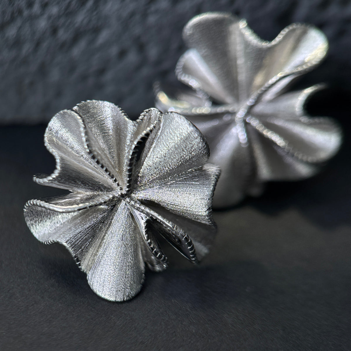 The Moonlight Bloom / Textured Silver Floral Fan Statement Earrings