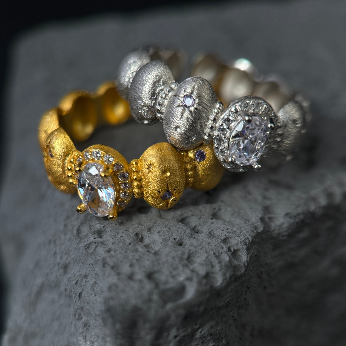 The Silver Moonlight Pebble & Star / Textured Halo Ring (Adjustable)