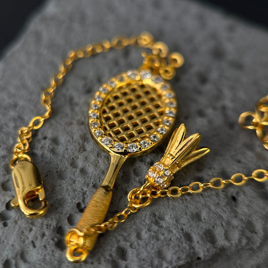 The Golden Badminton Racket & Shuttlecock / Pavé Sports Charm Bracelet