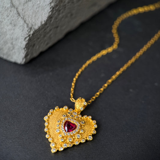 The Golden Textured Ruby Heart Statement Necklace