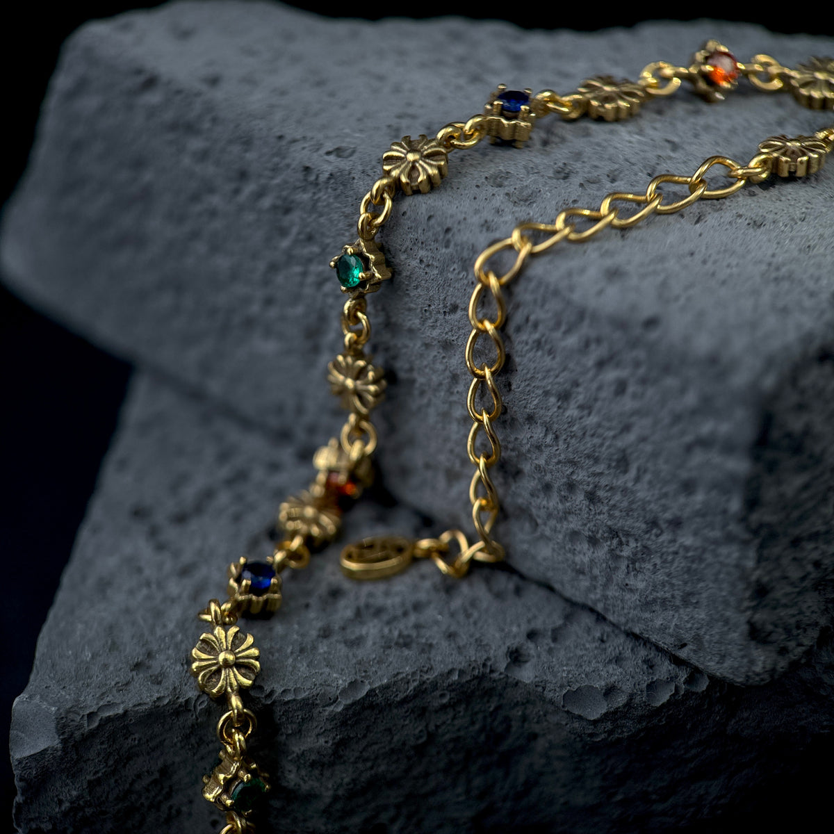 The Gothic Treasury / Antiqued Multicoloured Gemstone Cross Chain Bracelet