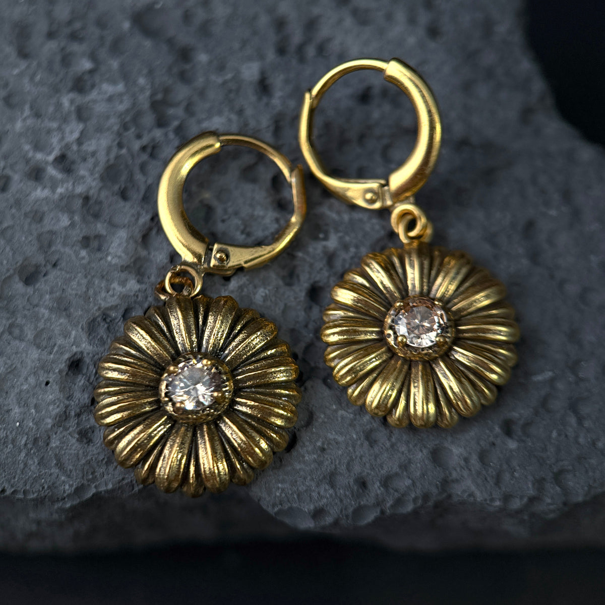 The Vintage Sunflower / Antiqued Gold Bloom Huggie Drop Earrings