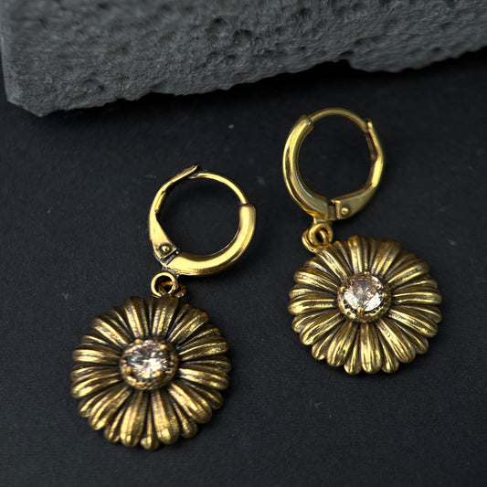 The Vintage Sunflower / Antiqued Gold Bloom Huggie Drop Earrings