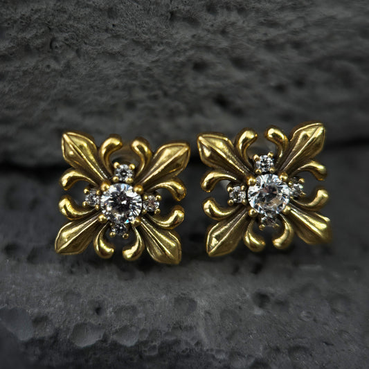 The Baroque Fleur-de-Lis Star / Vintage Pavé Cross Stud Earrings