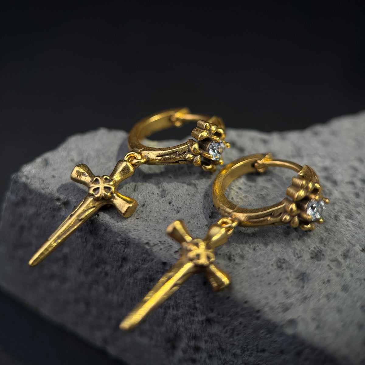 The Gothic Dagger Cross / Vintage Solitaire Huggie Drop Earrings
