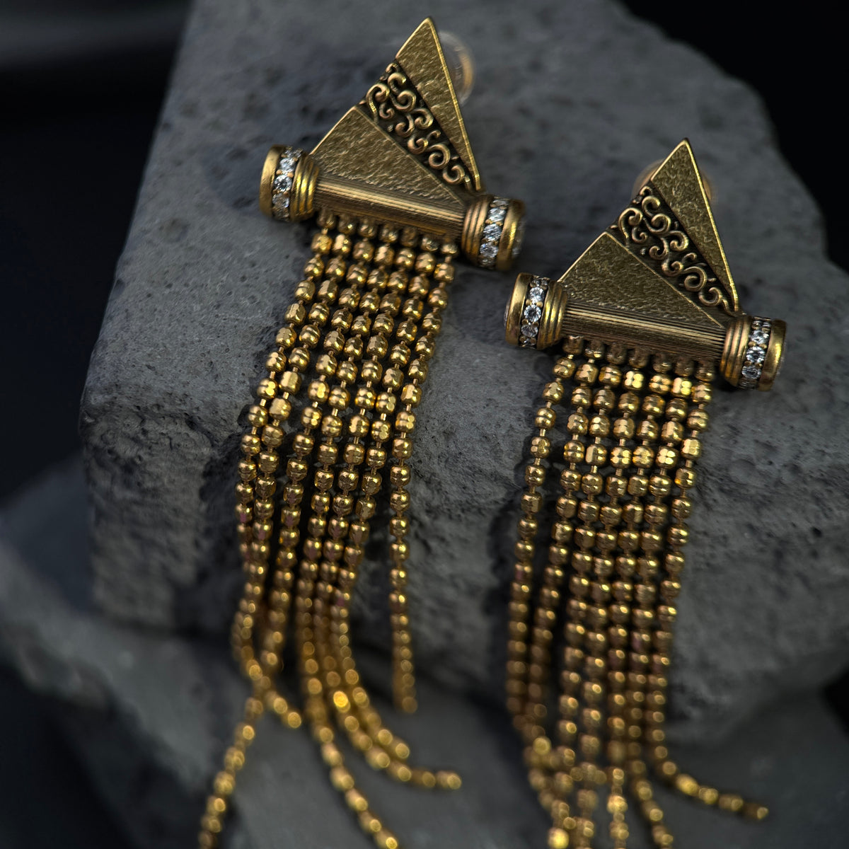The Gothic Triangular Scroll / Vintage Gold Tassel Fringe Statement Earrings
