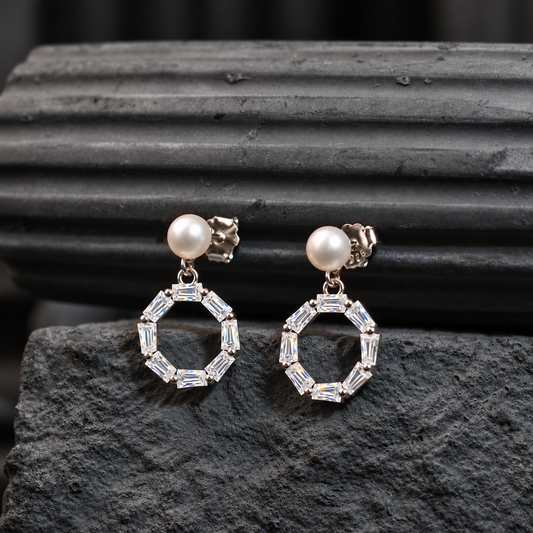 The Aurelia Geometric Baguette Wreath / Art Deco Pearl Stud Drop Earrings