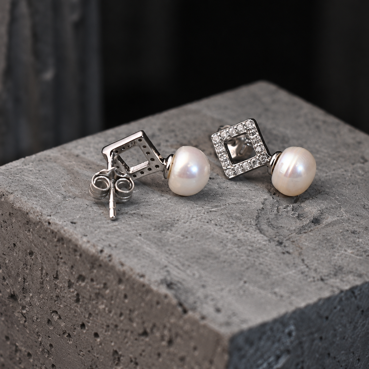 The Aurelia Geometric / Openwork Tilted Square Diamond & Pearl Stud Earrings