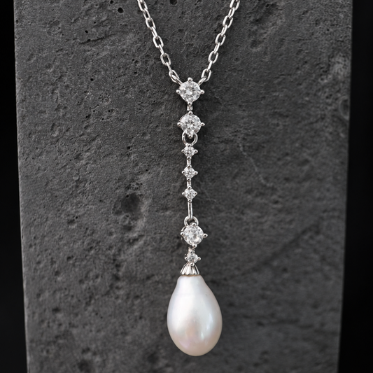 The Aurelia Starlight / Linear Diamond & Teardrop Pearl Drop Necklace