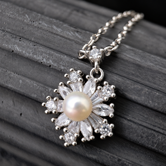 The Aurelia Snowflake / Marquise & Tapered Baguette Pearl Pendant Necklace