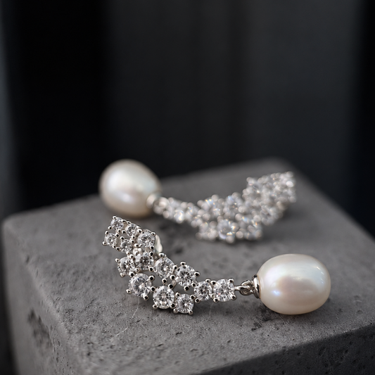 The Aurelia Crystal Vine / Round Diamond Chevron & Teardrop Pearl Crawler Earrings