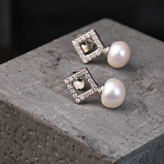 The Aurelia Geometric / Openwork Tilted Square Diamond & Pearl Stud Earrings