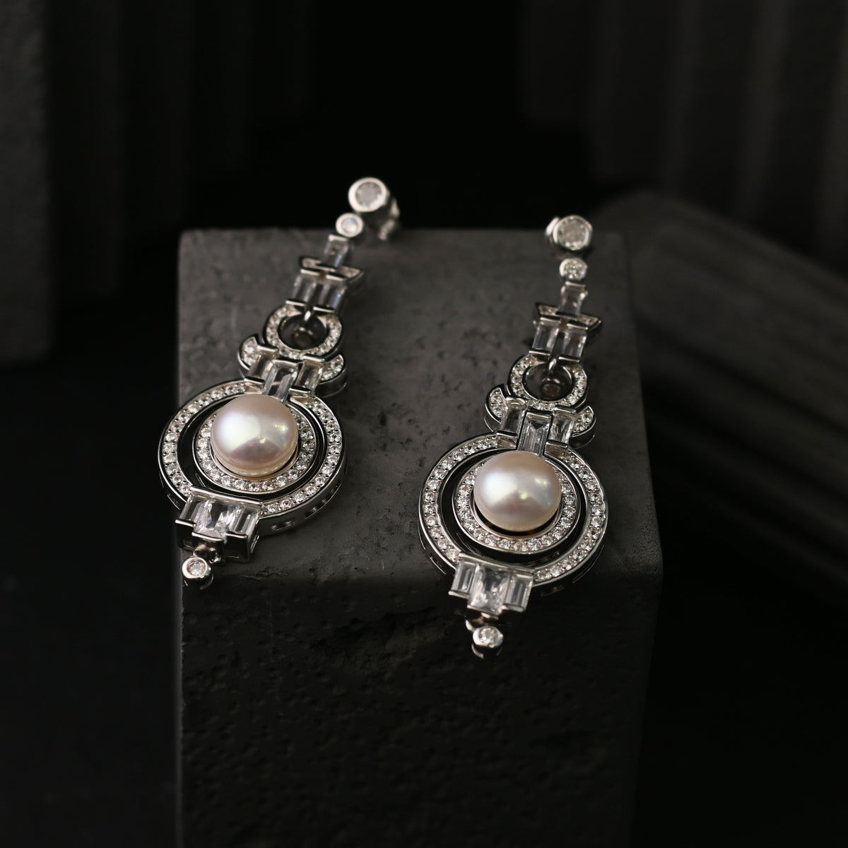 The Art Deco Pearl Drop / Baguette & Pavé Geometric Halo Earrings
