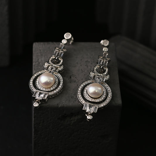 The Art Deco Pearl Drop / Baguette & Pavé Geometric Halo Earrings
