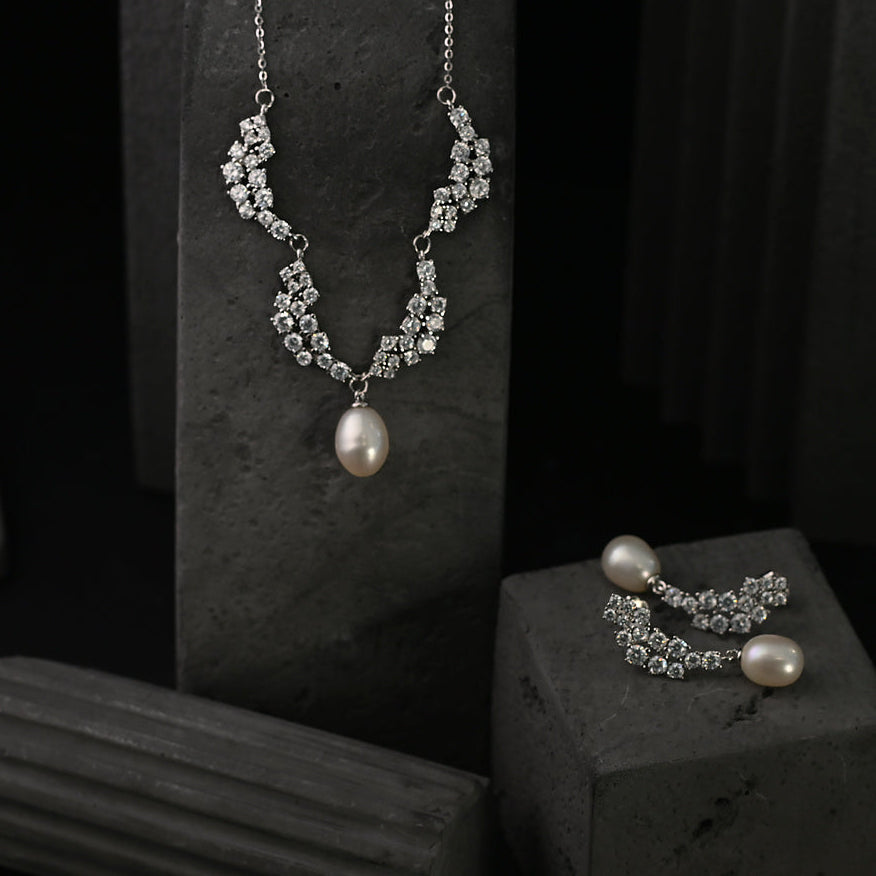 The Aurelia Crystal Vine / Round Diamond Chevron & Teardrop Pearl Crawler Earrings