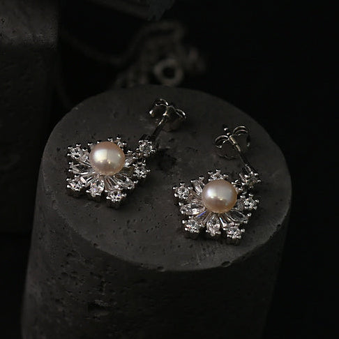 The Aurelia Snowflake / Marquise & Tapered Baguette Pearl Stud Earrings