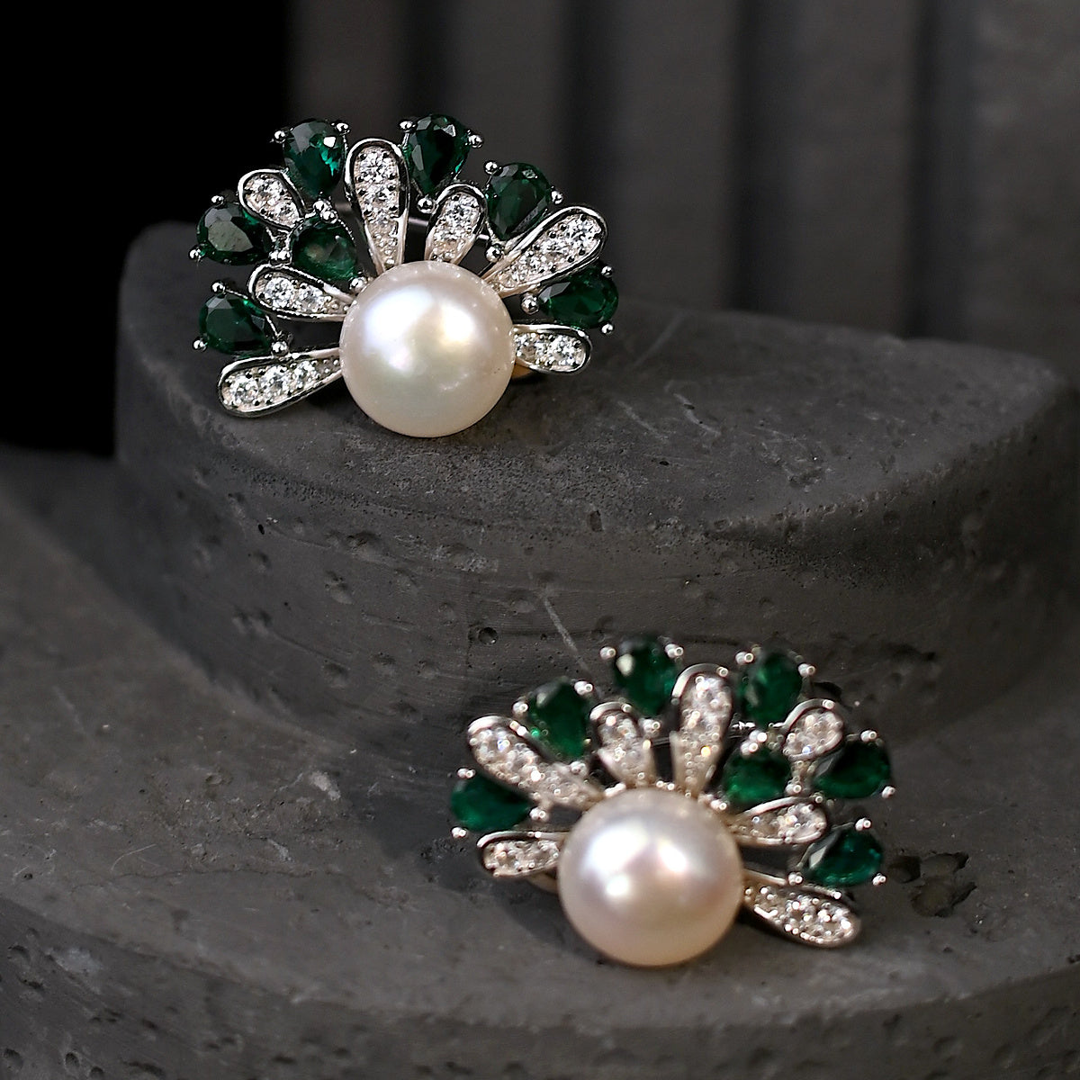 The Aurelia Emerald Peacock Fan / Art Deco Pear-Cut Lab Emerald & Pearl Stud Earrings