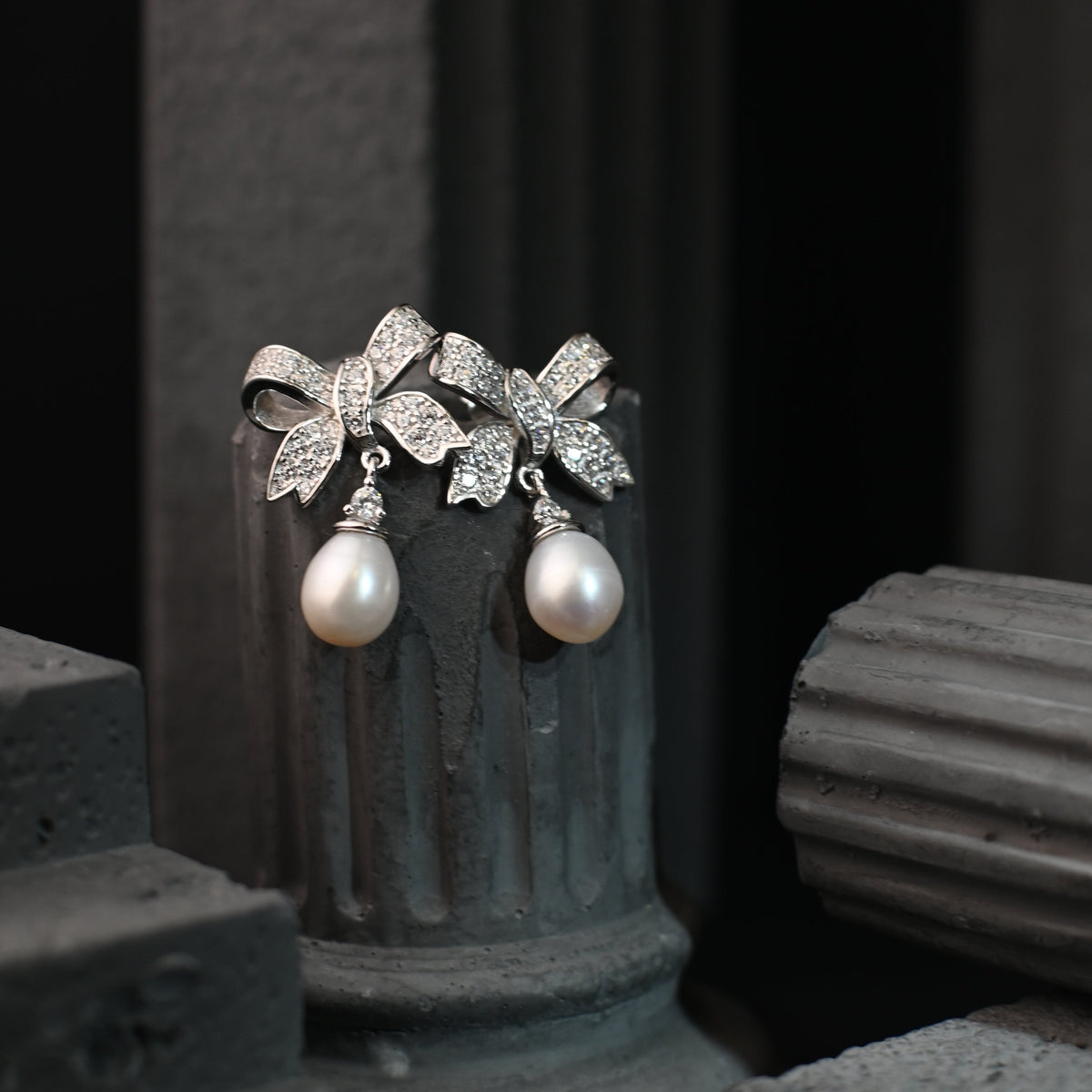 The Aurelia Enchanted Ribbon Bow / Sculpted Diamond & Pearl Drop Earrings