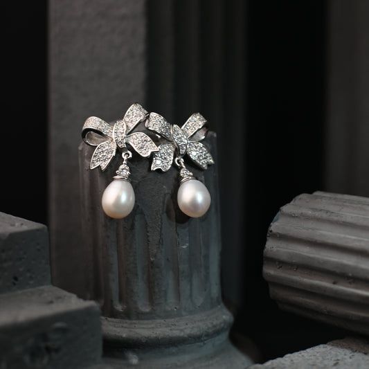 The Aurelia Enchanted Ribbon Bow / Sculpted Diamond & Pearl Drop Earrings