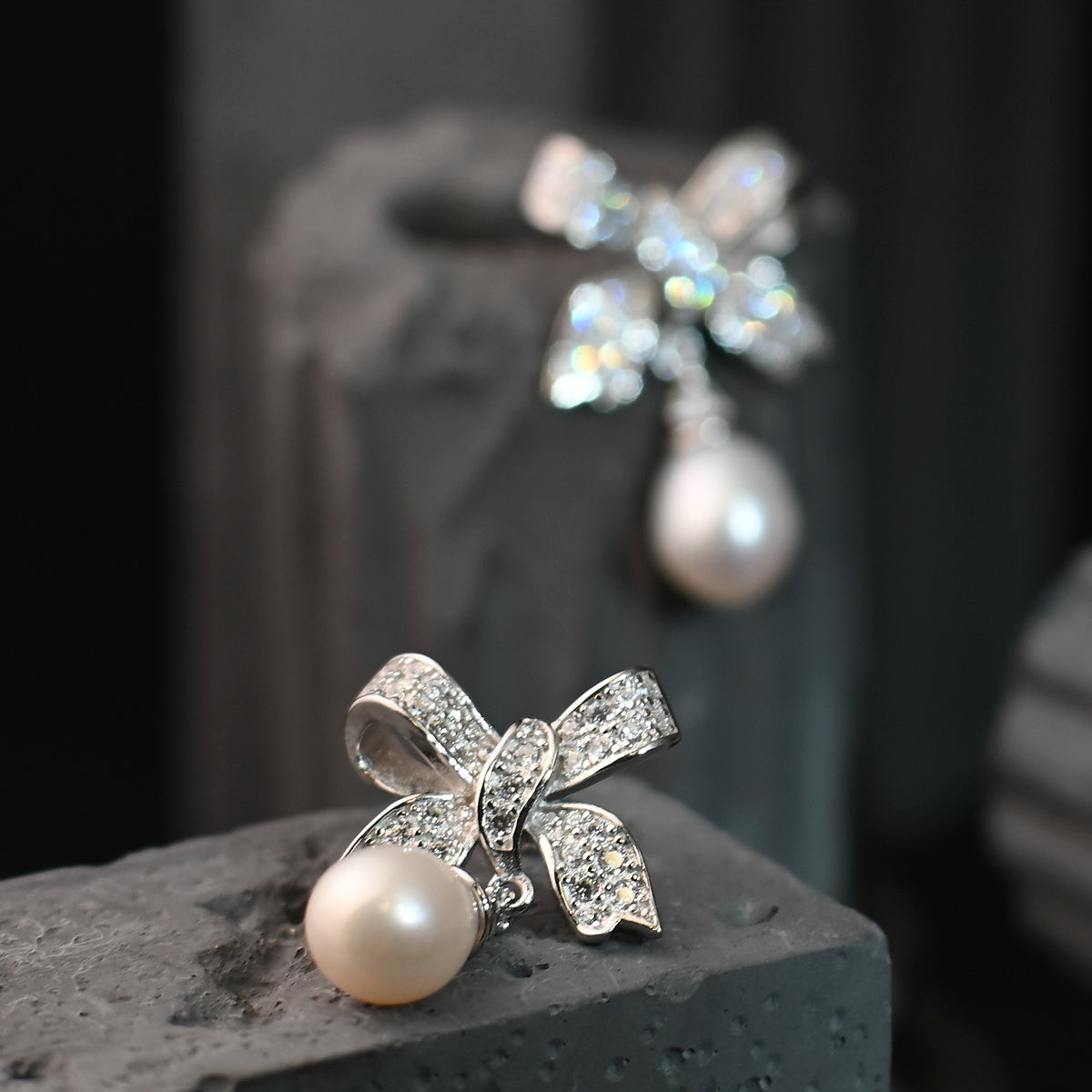 The Aurelia Enchanted Ribbon Bow / Sculpted Diamond & Pearl Drop Earrings