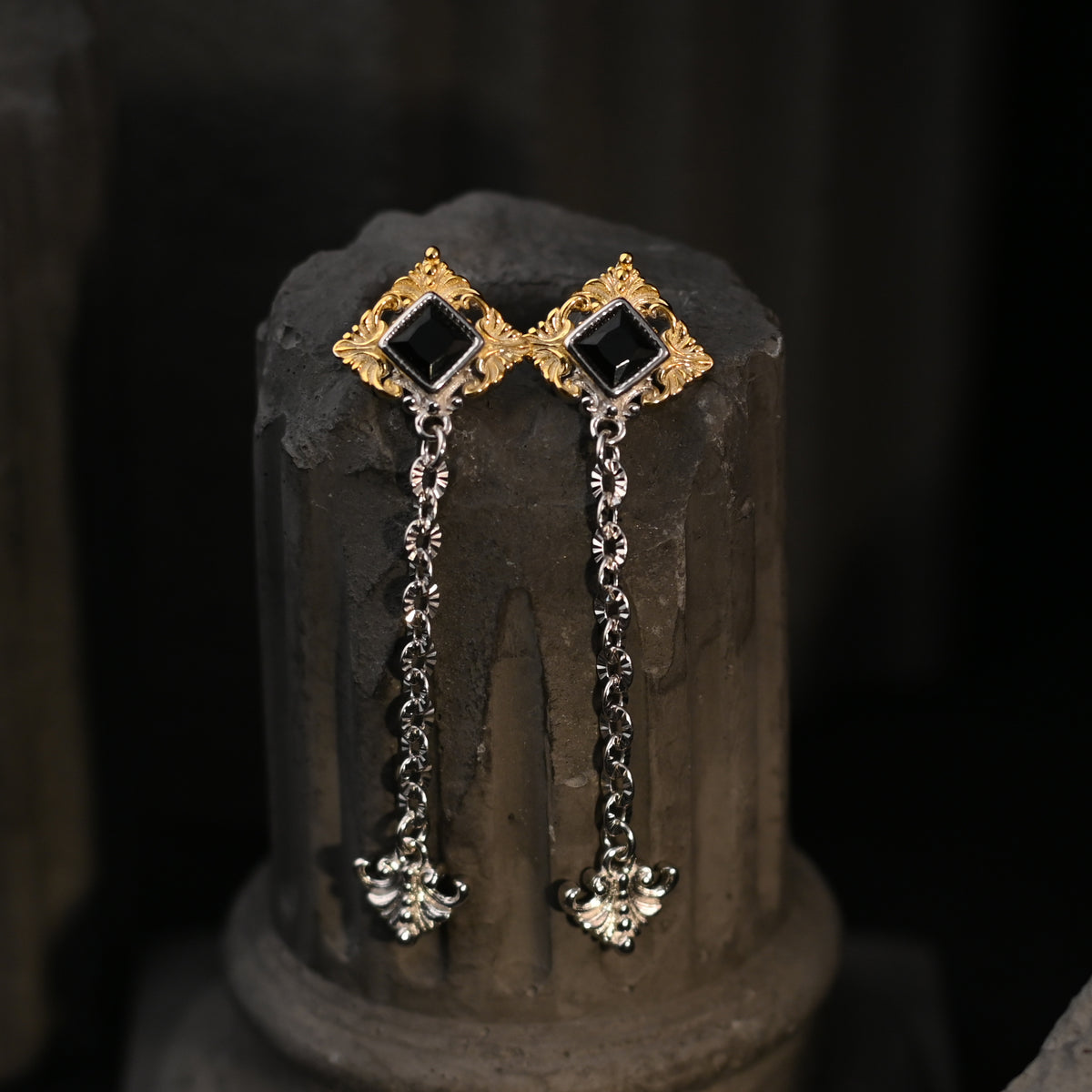 The Gothic Baroque Filigree / Two-Tone Black Gemstone Chain Drop Earrings