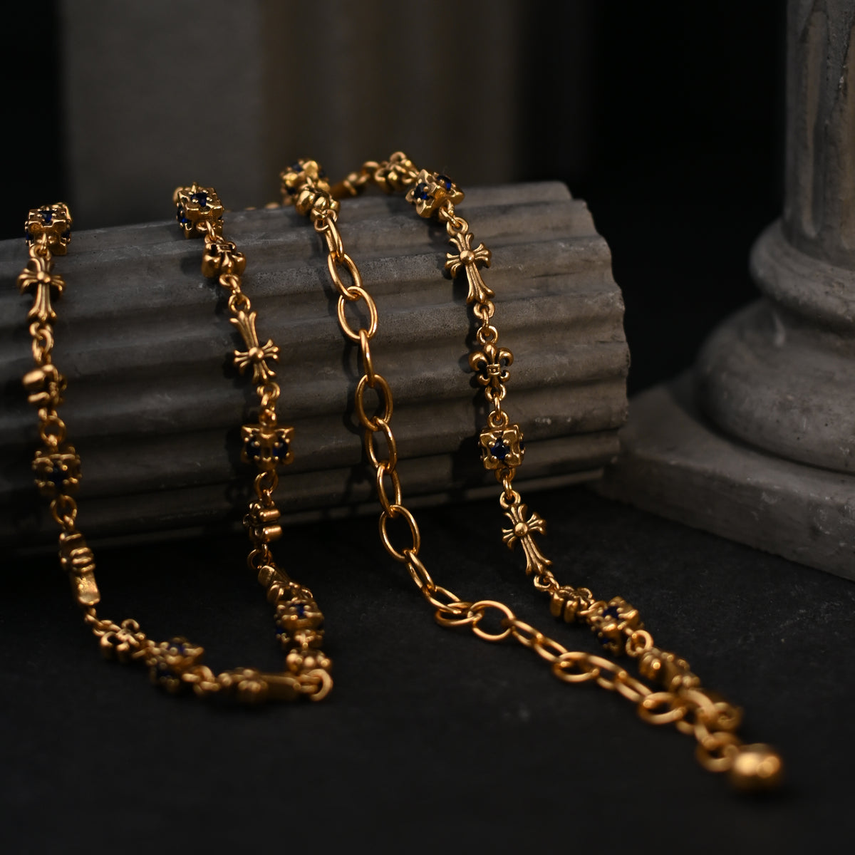 The Gothic Heraldic Fleur-de-Lis & Cross / Sapphire Accent Gold Chain Necklace