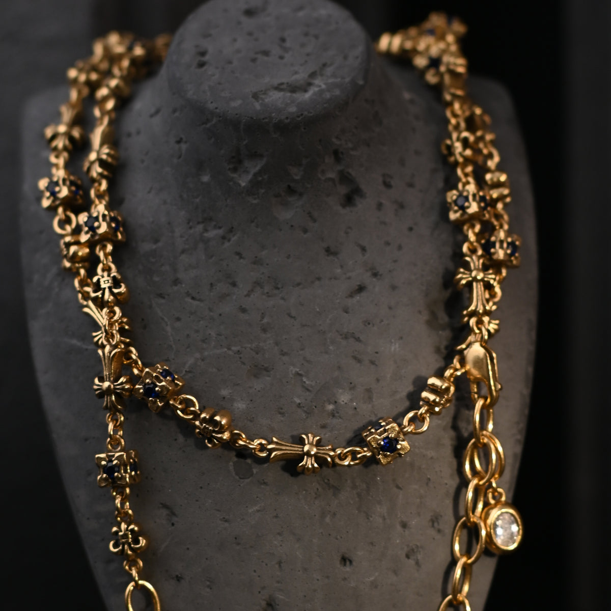 The Gothic Heraldic Fleur-de-Lis & Cross / Sapphire Accent Gold Chain Necklace