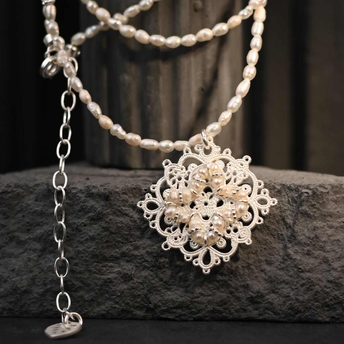 The Aurelia Byzantine Pearl Lace / Rhodium Silver & 2mm Micro Freshwater Pearl Statement Long Necklace