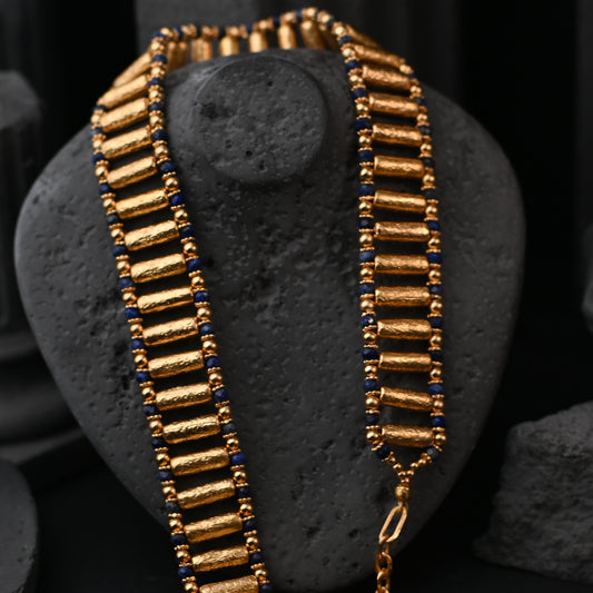 The Wesekh Lapis Lazuli / Heavy 22K Gold Textured Bar & Lapis Lazuli Collar Necklace (32cm + 6cm)