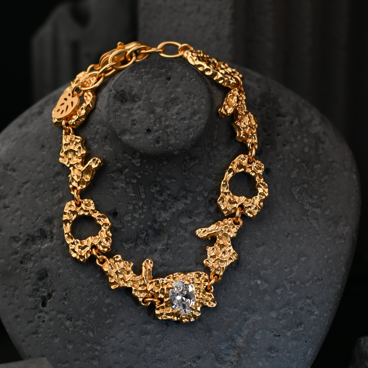 The Aurelia Molten Nugget / Heavy 22K Gold Substantial Textured Bracelet with 8x6mm Oval High-Carbon Diamond (16cm + 3cm)