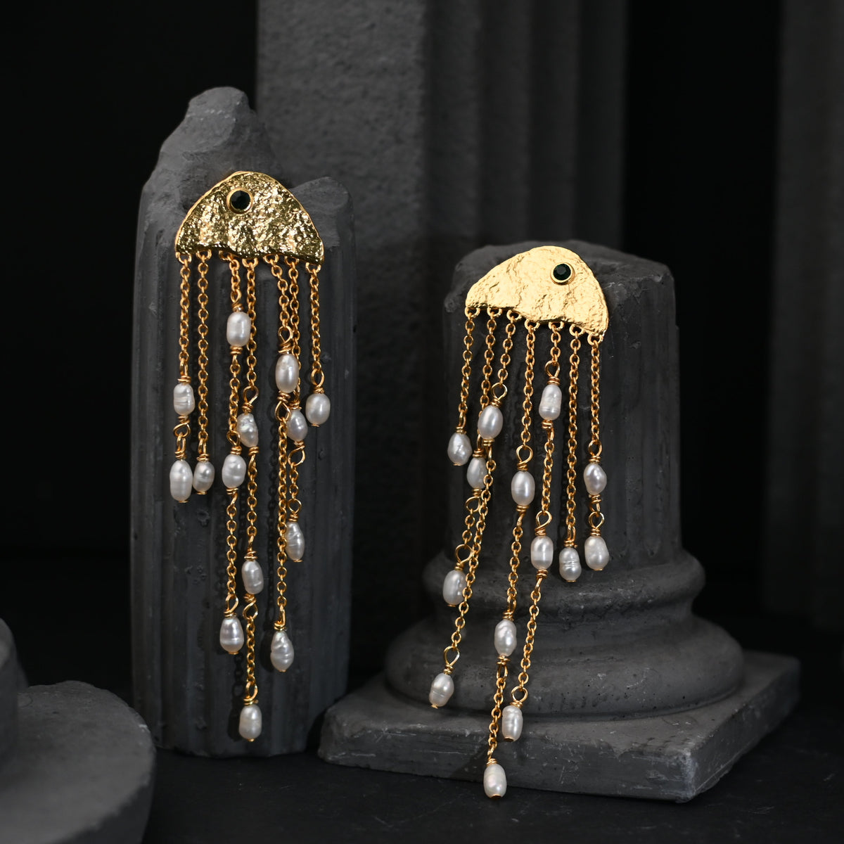 The Aurelia Marine Cascade / Heavy 22K Gold Multi-Chain & Natural Pearl Tassel Statement Earrings (8.2x2.1cm)