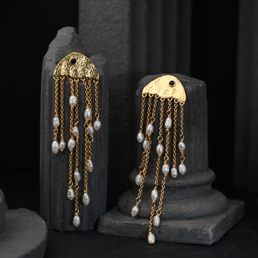 The Aurelia Marine Cascade / Heavy 22K Gold Multi-Chain & Natural Pearl Tassel Statement Earrings (8.2x2.1cm)